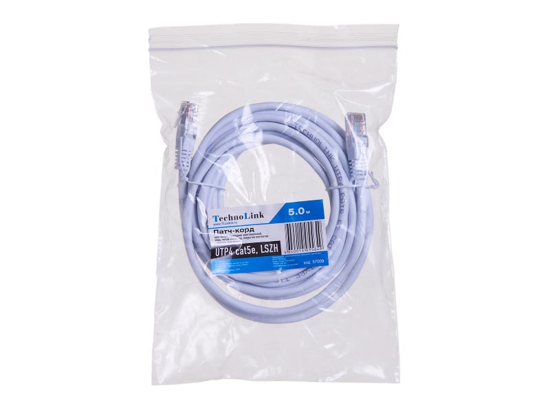 Патч-корд Technolink UTP4 cat 5e, 5,0м, ВС, LSZH, белый, литой коннектор_1