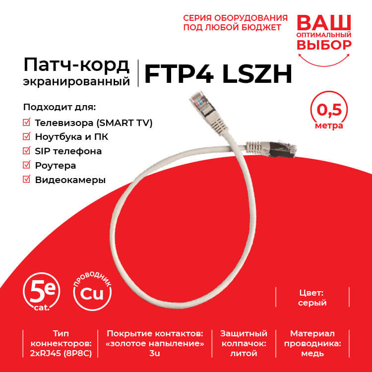 Патч-корд Technolink FTP4 cat 5e, 0.5м, ВС, LSZH, серый, литой коннектор_3