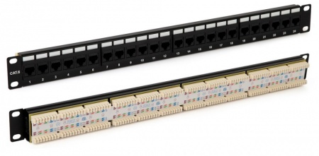 Патч-панель 19", 1U, 24 порта RJ-45, категория 6, Dual IDC, ROHS, черный, с задн.каб.организатором-0
