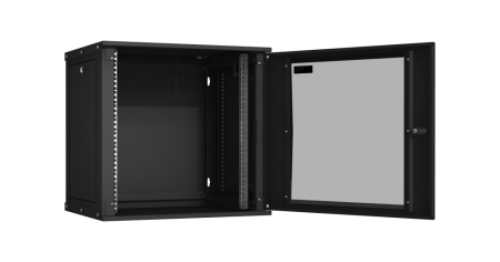 Настенный разборный шкаф Lite 19",12U,стекл.дверь,600х569х450мм,1 пара монтажных направл,RAL 9004-1